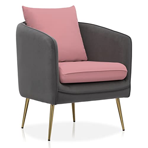 Monibloom Accent Chair Upholstered Barrel Armchair, Suede Sofa Chairs For Bedroom, Living Room, Mid Century Modern Comfy Reading Chair With Metal Legs, Pink/Gray Contrasting Colors Tub Round Chair #TOP17