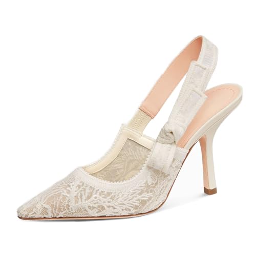 Goolita Pointed Closed Toe Pearl Slingback Heels for Women, Mesh Bow Evening Pump Stiletto High Heels Backless Party Bridal Shoes for Wedding
