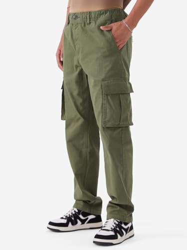 Image of The Souled Store Solids: Moss Green Men and Boys Straight Fit Cotton Blend Cargo Pants