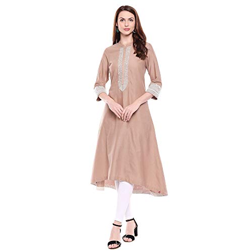 Image of BIBA Womens Synthetic Regular Fit A-Line Mandarin Collar Solid Kurta