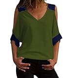 Womens Tunic Top Short Sleeve Sexy Strapless Casual Color Block T-Shirt Fashion V-Neck Blouses Loose Fit Tops (Small,Green)