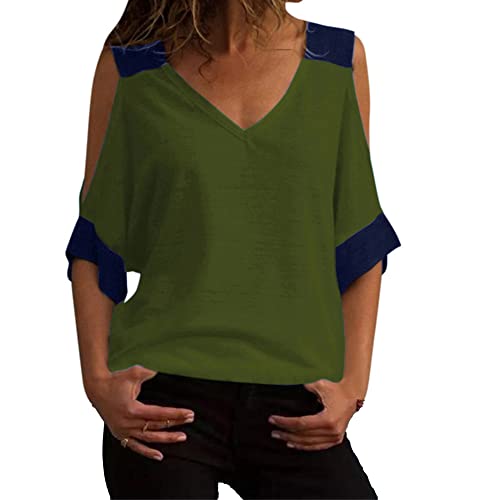 Womens Tunic Top Short Sleeve Sexy Strapless Casual Color Block T-Shirt Fashion V-Neck Blouses Loose Fit Tops (Small,Green)