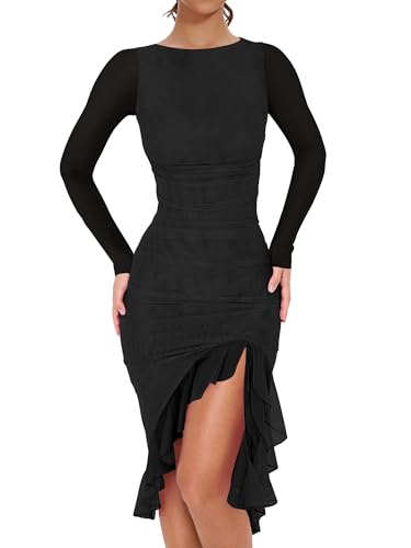 BORIFLORS Women's Mesh Long Sleeve Ruffle Hem Bodycon Midi Dresses Ruched Party Cocktail Wedding Guest Dress