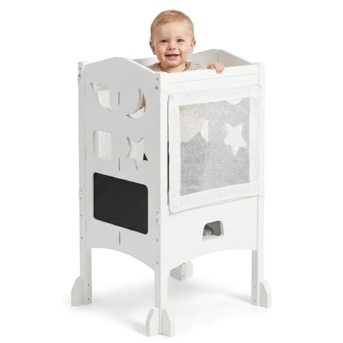BabybeFun Lernturm ab 1 Jahr - Lernturm klappbar inkl. 360° Sicherheitsnetz - Extra Stabiler und massiver Learning Tower - vormontiert geliefert mit Anti-Kipp-Schutz