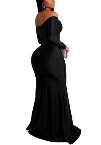 Vakkest Women's Sexy Formal Dresses Off The Shoulder Long Sleeve High Split Gown Summer Beach Slit for Wedding Guest2