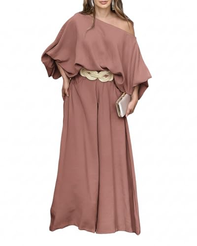 Image of CHICME Women Summer 2 Piece Outfits Off Shoulder Top Flowy Wide Leg Pants Set Vacation Travel Airport Outfits