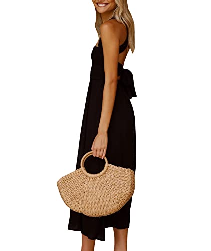 Image of Sexyshine Women's Square Neck Halter Lace Up Criss Cross Maxi Dress Tie Back Sleeveless Smocked Ruched A Line Dress
