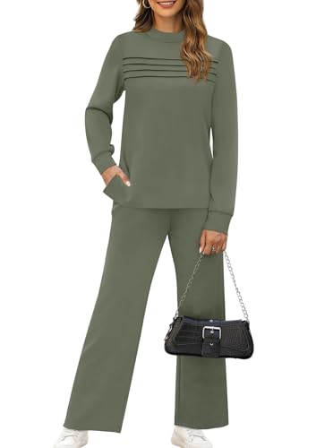 Image of WIHOLL Two Piece Sets for Women Fall Travel Vacation Outfits 2026 Long Sleeve Lounge Sets Side Slit Wide Leg Pants XS-3XL