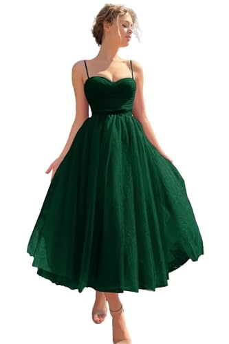 Image of A line Ruched Tulle Prom Dress Spaghetti Straps for Women, Tea Length Sweetheart Homecoming Dress Cocktail Dress