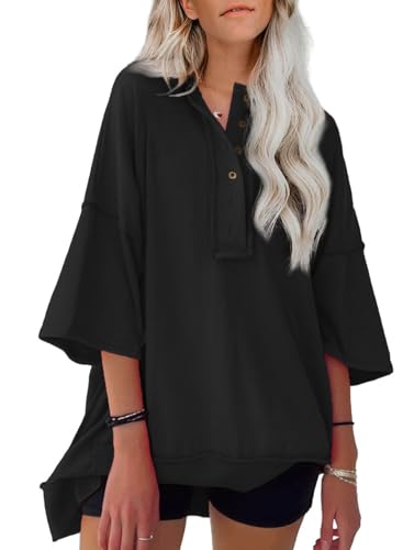 SHEWIN Oversized Tshirts for Women Trendy Casual Short Sleeve Shirts V Neck Lightweight Comfy Cute Tops Women's Clothing A Black Medium