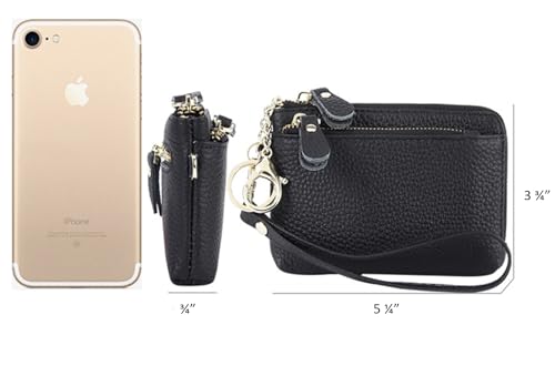 Women Genuine Real Leather Coin Purse with Hand Strap. 3 Zipper Small Wallet Wristlet with 3 credit cards slots Holder - Black4