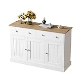 Azkoeesy Aparador Blanco | Cómodas | Buffet | 120 cm con 2 cajones y 3 Puertas - Tiradores Plateados y Textura Grabada - Natur Top - Mueble Multifuncional para Cocina, salón, Comedor, Oficina
