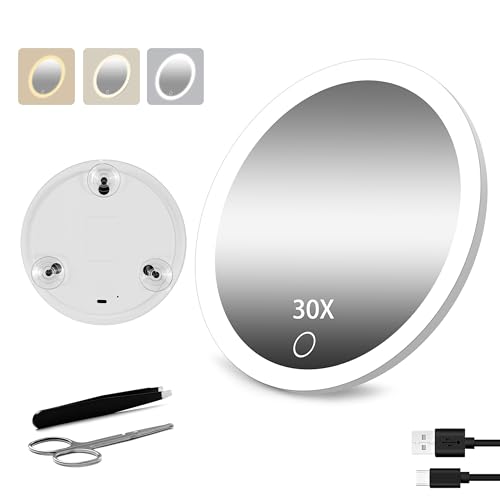 Junyaoxuan Espejo de aumento de 30 aumentos con luz, espejo de aumento grande de maquillaje de 6 pulgadas con 3 colores regulables, LED portátil con 3 ventosas, color blanco
