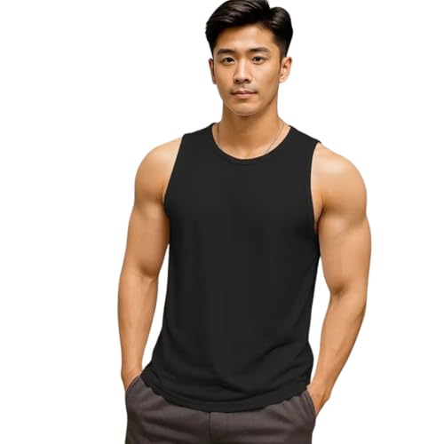 Image of Men Sleeveless Tank Top Athletic Gym Vest Round Neck Inner Fit Cotton Blend Workout Under Wear for Training Fitness Sports Casual Use Black
