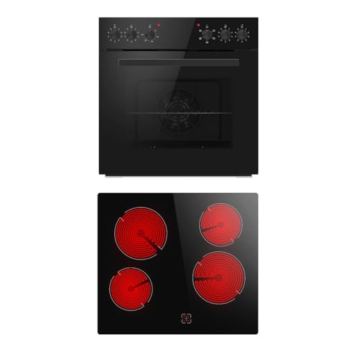 PKM Einbauherdset EHS4B | Umluft | Glaskeramik Kochfeld 59 cm | 65 Liter| Edelstahlblende | 5 Backofenfunktionen | Gehäusekühlung (Schwarz)