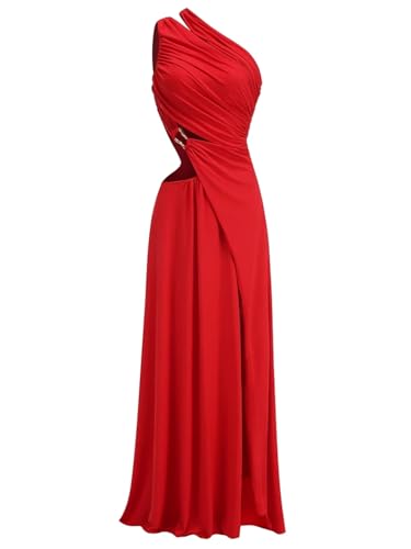 Women Grace Sexy One Shoulder Irregular Cut Out Long Sleeveless Slanted Shoulder Folds Split Dresses