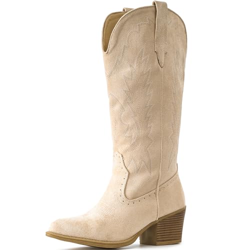 Image of IUV Suede Cowboy Boots For Women Chunky Heel Pointed Toe Cowgirl Boots