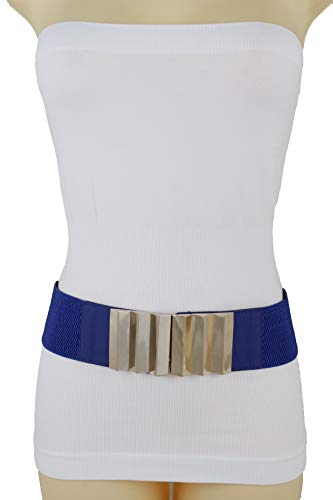Women Fashion Elastic Waistband Wide Blue Color Belt Hip High Waist Gold Metal Buckle Fit Size S M 5