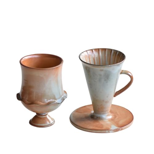 Fay Bless Juego de gotero de café V60 de cerámica vintage, hecho a mano, rústico, con taza y olla (6)