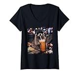 Women's Racoon Drinking Iced Coffee Lover Rock Hand Sign Meme Funny V-Neck T-Shirt