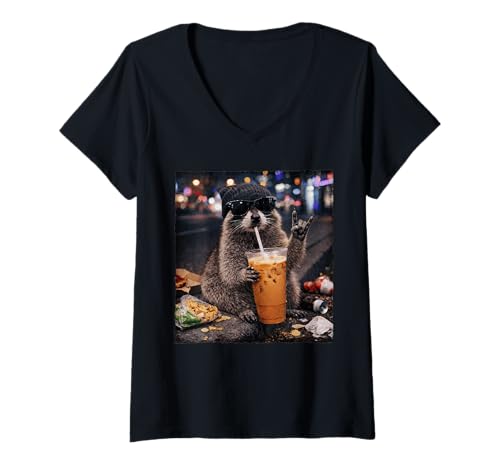 Women's Racoon Drinking Iced Coffee Lover Rock Hand Sign Meme Funny V-Neck T-Shirt