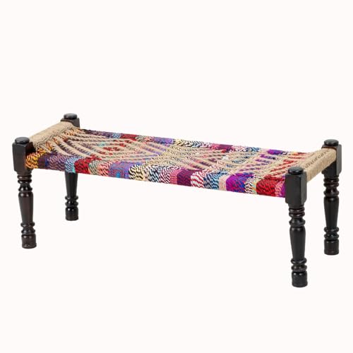 Image of Wooden Bench for Seating | Handcrafted Sheesham Wood Bench for Living Room, Balcony & Garden | Traditional Patio for Outdoor with Chindi and Jute Handwoven Rope | Jute and Multicolor