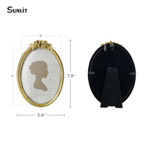 Sunlit Vintage Picture Frame 5x7 Inch, Oval Antique Photo Frames with Glass Front, Luxury Photo Display, Tabletop Wall Hanging, Gift Ideas, Golden Rose
