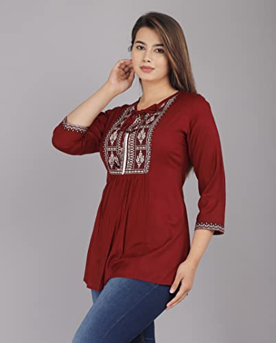 Image of Shiva Fab Short Kurti for Women | Embroidered Straight Rayon Kurta | Round Neck Full Sleeves Short Kurti for Women's
