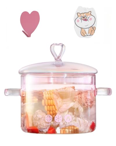 La Mejor Selección de Popurrís Top 10. 44 XCTFWKzK - Olla de vidrio rosa de 2 litros para cocinar en estufa, tapa en forma de corazón, resistente al calor de 0-400 °F, apta para estufa eléctrica, horno, lavaplatos,...