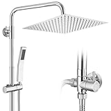 Auralum Colonne de Douche Sans Mitigeur Chrome Mat en Laiton, Colonne Télescopique 68-108cm avec Tête de Douche Carrée 12