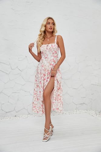 Floral Summer Midi Dress, Square Neck, Sleeveless, White with Pink Rose Print3