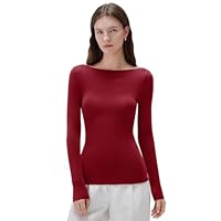 SUUKSESS Cloud Cashmere Women Boat Neck Fitted Long Sleeve Shirts Basic Knit Going Out Tops (Burgundy, M)
