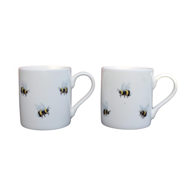 ROCK THE HOME Bees 2 Pack Small 10 fl oz Straight Sided Mug, White Fine English Bone China Cups