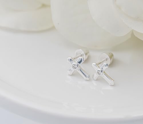 Precious Pieces Children's First Communion, Baptism or Christening Sterling Silver Cross Screw back Earrings with CZ3