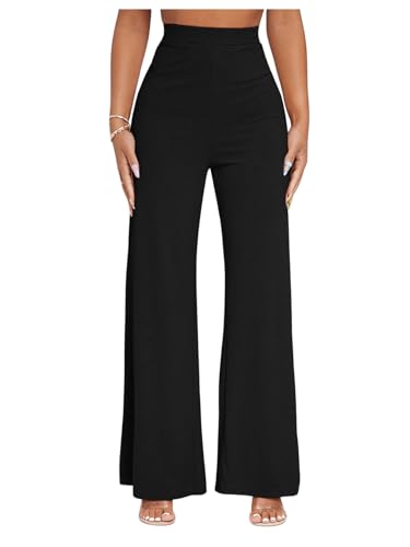 OYOANGLE Women's High Waisted Ribbed Knit Wide Leg Trousers Business Work Casual Dress Pants