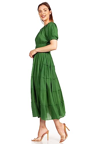 Image of Sakkas Cotton Crepe Smocked Peasant Gypsy Boho Renaissance Mid Length Dress