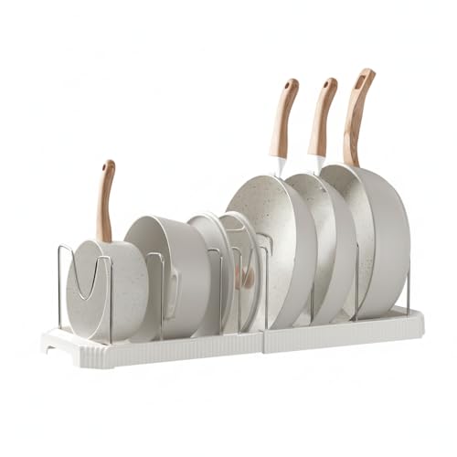 Image of STAR WORK Expandable Pull-Out Pan & Pot Organizer Pan Dish Rack Stand Organizer for Cabinet Kitchen Cabinet Cookware Baking Frying Rack (WHITE)