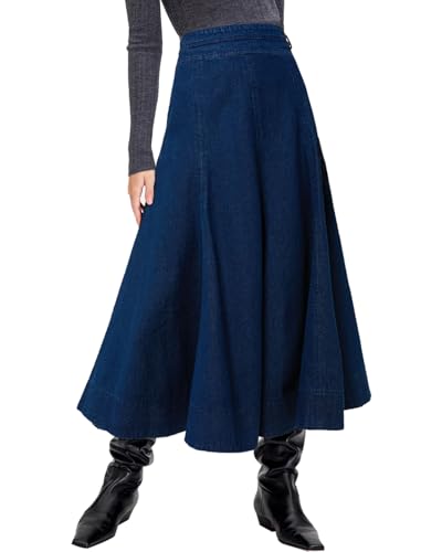 Women's Flowy Denim Skirts A Line High Waist Pleated Long Maxi Midi Flare Jean Skirts