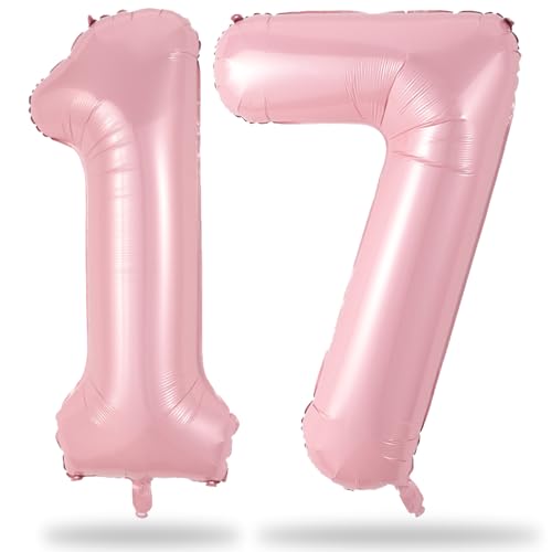 Large Light Pink 17 Balloon Foil Number 1 & 7 Helium Balloon 40 Inch Mylar Self Inflating Number 17 Balloon Pastel Pink for Girls 17th Birthday Party Decor Women Anniversary Decorations Supplies
