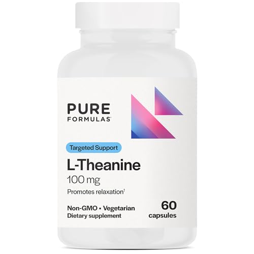 PureFormulas L Theanine Supplement 100 mg L-Theanine Supports Stress Levels Relaxed State Mood Sleep Dairy Free Soy Free Non-GMO 60 Vegetarian Capsules