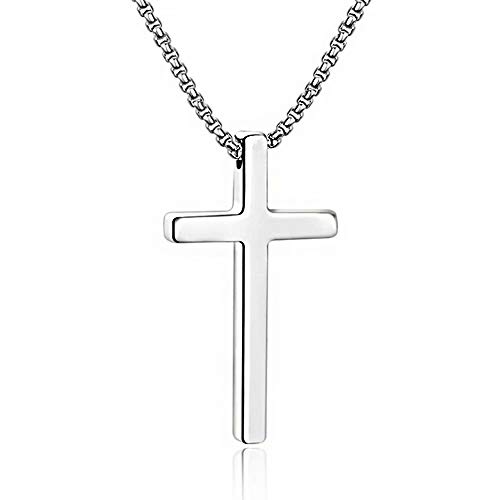 M MOOHAM Cross Necklace for Men, Silver Black Gold Stainless Steel Plain Cross Pendant Necklace for Men Box Chain 16-30 Inch