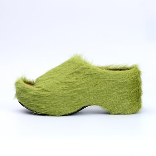 Image of XOBZJH Long-Hair Calfskin Chunky Clog Slide for Women - Memory Foam Luxury Slip on Shoes Women's Mules & Platform Clogs,Designer Mules for Women 2025