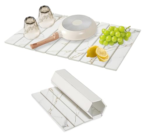 BELLPO Diatomaceous Earth Drying Mat for Kitchen - Non-Slip Absorbent Stone Coaster with 150% Super Water Absorption,Foldable Stone Dish Drying Mat,Multi-Use Bathroom (White+Flower)