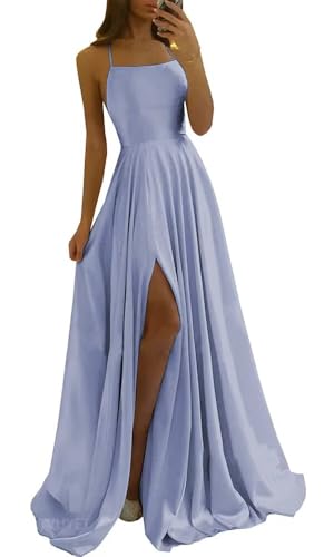 Image of Tvuyet Satin Prom Dresses Long with Pockets Spaghetti Straps A Line Bridesmaid Dresses with Side Slit Ball Gown