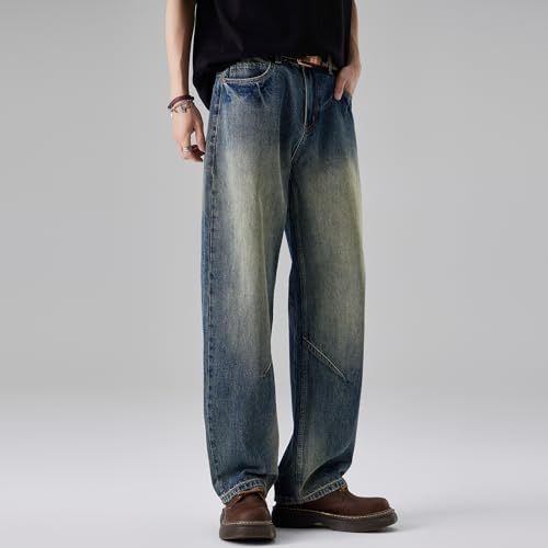 Light Colored Jeans for Men Elastic Waist Fashion Loose Straight Leg Pants Trendy Wide Leg Casual Long Pants3
