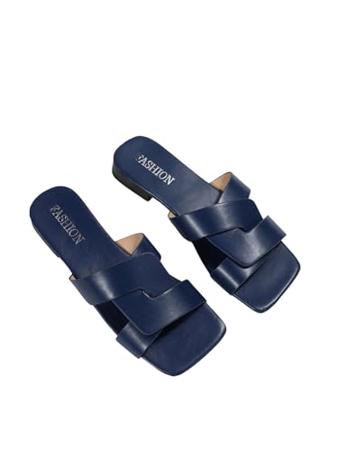 GORGLITTER Women's Strappy Wide Width Flat Sandals Open Square Toe Cross Dressy Slide Sandals2