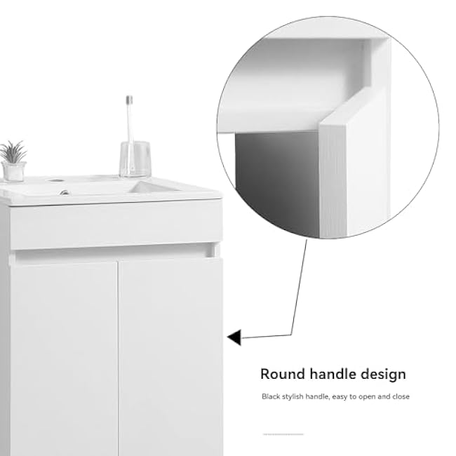 Compact Elegant White Bathroom Cabinet with Black Tripod Design and Ceramic Sink