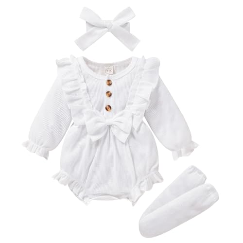 Image of GRNSHTS Newborn Baby Girl Clothes Ruffle Solid Waffle Romper Long Sleeve Button Bodysuit+Hairband+Socks 3Pcs Fall Winter Outfits (White#1,0-3 Months)