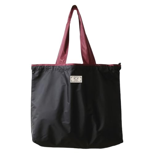 Hrtyvhin Sac à provisions de grande capacité, réutilisable, pliable, sac à bandoulière avec cordon de serrage, sac à bandoulière pour voyage, supermarché, shopping pliable, Noir , L