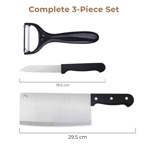 Image of HomeEssentials 3-Piece Professional Kitchen Prep Set - Includes 29.5cm Heavy-Duty Meat Cleaver, 19.5cm Utility Knife, and Ergonomic Peeler - Stainless Steel Blades with Non-Slip Handles